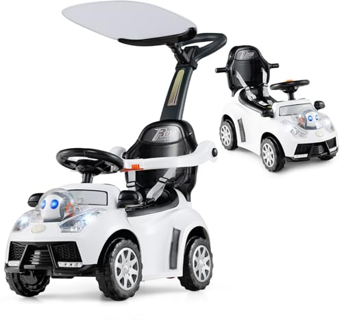 GOPLUS 3-in-1 Rutschauto mit Schiebestange, Rutschfahrzeug Sound, Stauraum, Hupe, Licht, Griff & Sicherheitsgurt, Kinderauto für Kinder ab 1 Jahr (Weiß)