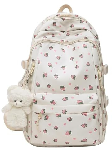 DUOCHSUA Ästhetischer Schulrucksack mit Blumendruck, niedlich, adrett, Schultaschen für Mädchen, Schultasche, Kawaii-Rucksack für Teenager, College, erdbeere, 38