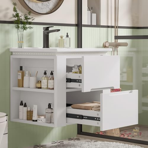 DACHETOU Armadio da bagno bianco da appendere alla parete, 61 x 46 x 50 cm, completamente laccato, due cassetti, guide scorrevoli, due ripiani laterali, lavabo, lavabo integrato