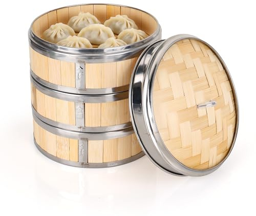 WENLISELL Bamboo Steamer 8 Inch, 3 Tier Bamboo Food Steamer Basket with Lid, 20cm Metal Rings Dumpling Steamers for Dim Sum, Bao Buns, Meat, Fish