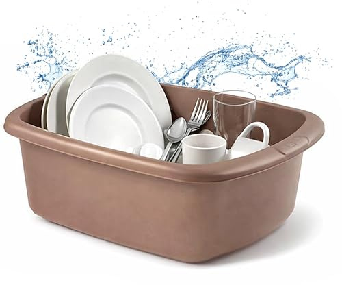 Large Washing Up Bowl for Sink – 9L Rectangular Plastic Kitchen Basin Heavy Duty, Deep Dish Washing Container Bowl for Everyday Cleaning & Food Prep Utility Use (Gold)