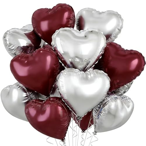 EWODEIEW Ballons en aluminium en forme de cœur de 45,7 cm, en forme de cœur, argentés, bordeaux, pour mariage, Saint-Valentin, anniversaire, fiançailles, fête des mères