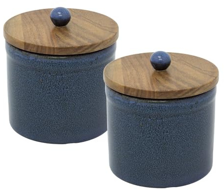 Carousel Home Set of 2 Azure Blue Reactive Glaze Stoneware Storage Jars, 12cm Ceramic Canisters with Acacia Wood Airtight Lid for Kitchen Storage