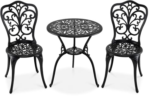 TANGZON 3 Pieces Patio Bistro Set, Outdoor Cast Aluminum Round Dining Table and 2 Armless Chairs with Parasol Hole, Garden Dining Furniture Set for Balcony Backyard Lawn (Black, Scrollwork Pattern)
