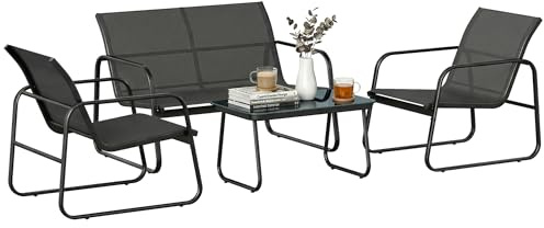 Outsunny Conjunto Jardín Exterior de 4 Piezas, Muebles Jardín Exterior con Sofá de 2 Plazas, 2 Sillones, Mesa de Vidrio Templado, Tela de Textilene Transpirable, Estructura de Acero, Gris Oscuro