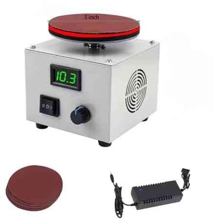 SUZLAZYR Mini lijadora de Disco de 5 y esmeril de Banco, con Marcha adelante/atrás y Control de Velocidad Continuo, máquina de Lijado eléctrica con 10 lijas para carpintería y Bricolaje