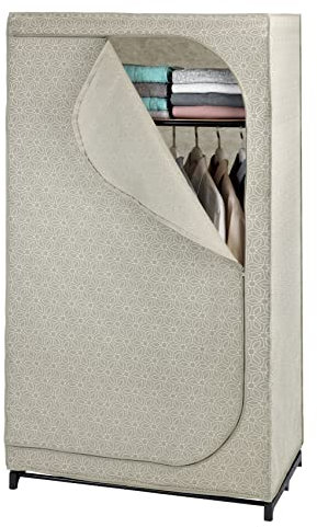 WENKO Kleiderschrank Mod. Balance mit Ablage und Kleiderstange, Stoffschrank zur staubfreien Aufbewahrung von Textilien, Metallgestell, atmungsaktives Vlies-Material, 90x160x50 cm, Taupe