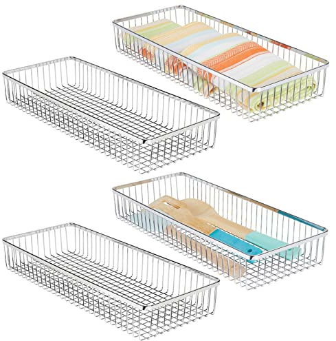 mDesign universeller Schubladenkasten aus Metall – Aufbewahrungskorb für Schubladen ordnet Küchenbedarf und Utensilien – Schubladen Organizer für Küche und Haushalt – 4er-Set – silberfarben