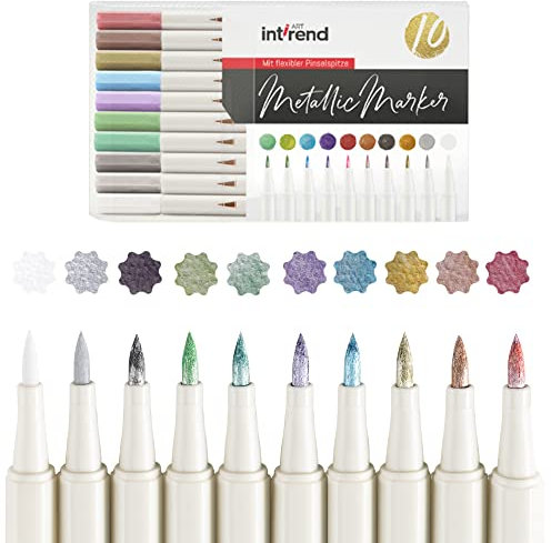 int!rend ultradünne Metallic Marker I 10 Handlettering Stifte Set mit feiner Spitze für DIY Fotoalbum, Scrapbooking, schwarzes u. weißes Papier - Stift zum Holz, Plastik und Steine Bemalen