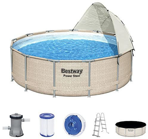 Bestway Power Steel Frame Pool Set Completo con Pompa Filtro Ø 396 x 107 cm, Effetto Rattan (Ecru), Rotondo