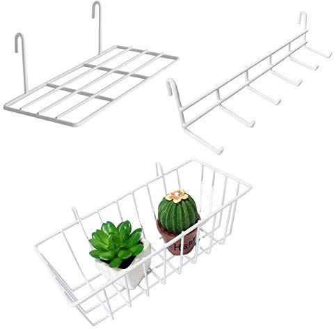 U/D Symeton Wandgitter Zubehör, upgrade wandgitter Weiß zubehör,Gitterkorb,Hängeregal,Hakenleiste,Verwendet für Gitterfotowand,Gitterwand Accessoires.3 Pack, Weiß,Multifunktional