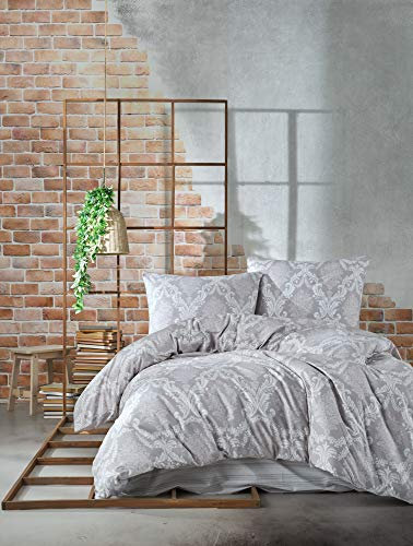 ZIRVEHOME Bettwäsche 155x220 cm zweiteilig Grau Baumwolle Bettbezug weiß Barockmuster, Fiorita V2