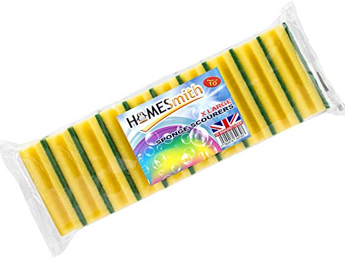 HOMESmith Heavy Duty Scrub Large Sponge, Dual-Sided Dishwashing & Cleaning Sponge for Kitchen, Bathroom and Home Cleaning ( Pack of 10 ),Yellow & Green