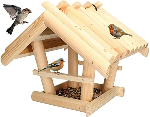 KOTARBAU® Mangiatoia da Esterno in Legno - 27x28x26 cm - Casetta Legno Per Uccelli - Da Esterno Con Cibo 0.5 kg - Mangiatoia Uccelli Selvatici - Naturale