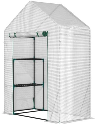 Outsunny Serre d'extérieur avec 4 étagères, porte enroulable avec fermeture éclair et cadre en acier pour cultures, plantes, fleurs, 143 x 73 x 195 cm, blanc