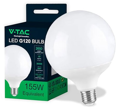 V-TAC Ampoule LED Globe avec Chip Samsung E27 22W (équivalent 155W) G120-2650 Lumen - 3000K Blanc Chaud - Ouverture du faisceau lumineux 200° - Efficacité Maximale et Économie d'Énergie