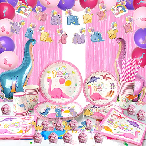 Dinosaurier Partyzubehör Set - Geburtstag Party Dekorationen für Mädchen Geburtstag für Einschließlich Teller, Banner, Tassen, Servietten, Strohhalme,Tischdecke, Folienvorhänge, ballons ,für 20 Gäste