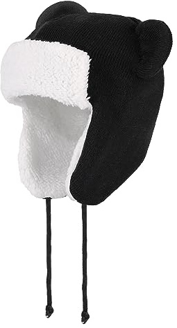 LACOFIA Baby Wintermütze Kleinkind Jungen Earflap Beanie Kinder Warme Fleece Gefüttert Bär Hut Strickmützen Trappermütze mit 2 Öhrchen Schwarz 1-2 Jahre M
