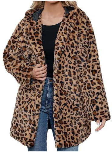 Rosa Leopard Pelzmantel Damen Kunstfell Winterjacke mit Kapuze Lange Kunstpelze Jacke Dicke Warme Mantel Langarm Felljacke Wintermantel Oversize Fellmantel Winter Pelzjacke Übergangsjacke 3XL