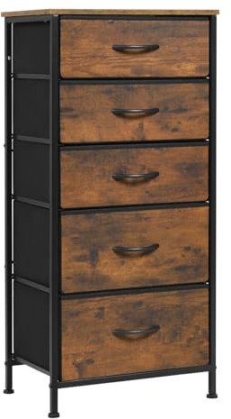 WOLTU Kommode mit 5 Schubladen aus Stoff, Kommodenschrank Sideboard Schubladenschrank, für Schlafzimmer Wohnzimmer Flur, aus Metallrahmen Holzwerkstoff, Vintage-Holzoptik Schwarz SSK004hov