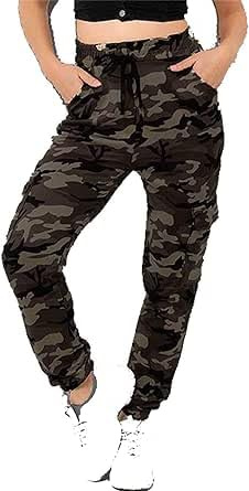 Want Clothing Women's Camouflage Cuffed Double Pocket Cargo Combat Trousers Khaki - Grey - Stone Camo 8 10 12 14 (UK, Alpha, S, M, Regular, Regular, Khaki)