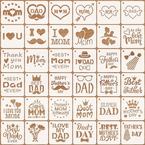 OOTSR 36Stk Muttertag-Schablonen zum Basteln, 7,62CM Zeichnung Malschablonen DIY Schablonen der Vatertag, Kunststoff Zeichenvorlagen für Karten Kekse Scrapbooking Holz Ornamenten Leinwand Deko