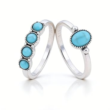 Cimex Anillos Bohemios de Plata Turquesa y Azul - Vintage Oval Nudillo para Mujeres y Niñas - 2 Piezas