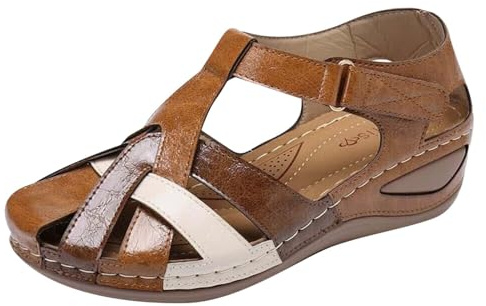 LJFIWY Sandalias ortopédicas para mujer, puntera cerrada, suaves, anchas, sandalias de verano para juanetes, soporte para arco plantar, de piel, estilo retro, zapatos romanos de jardín, tallas 3-7,5