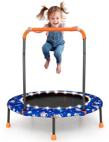 GOPLUS Ø92cm Kindertrampolin, Mini Trampolin mit LED-Lichtern, abnehmbarem Griff & Sicherheitspolster, Indoor Outdoor Gartentrampolin, Fitness Trampolin für Kinder von 3-6 Jahren (Blau)