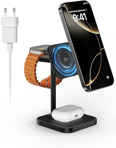 LULULOOK [Qi2 Zertifiziert] Magsafe Ladestation Apple Watch und iPhone, Aluminium 3 in 1 Magsafe Ladegerät mit 15W Schnelles Aufladen für iPhone 17 Pro Max/17 Pro/17 Air, 5W für Apple Watch, AirPods