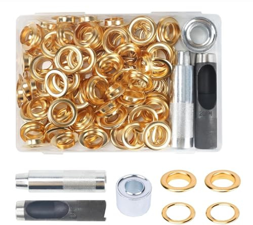 Zythrem Eyelet Punch Kit 100 Sets 20mm Grommet Eyelets Kit Grommet Tool Kit Metal Washers Setting Tool Grommet Punch Kit, Eyelets for Fabric Tarpaulin Leather DIY Projectd Crafts Making, Gold