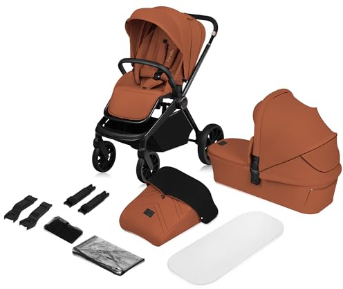 LIONELO Mika Plus 2-i-1 Barnvagn med Liggdel & Sittdel, Terränghjul med Dämpning, XXL Sufflett UPF50+, 5-punkts Bälte, Justerbart Ryggstöd & Fotstöd, Hopfällbar, Upp till 22 kg, Inkl Tillbehör, Brun