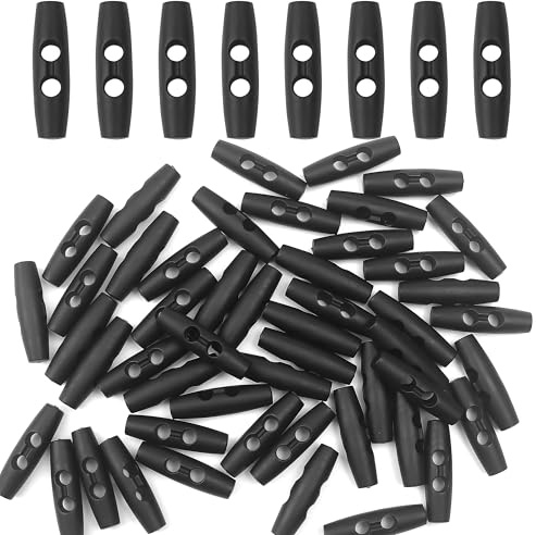 50 Stück Knebelknöpfe, 2 Löcher, Kunststoff-Zelt-Knebelknopf, Federstop-Verriegelungsende für verstellbare Paracord-Seilhalterung, Kleidung, Hut, Schuhe, Scrapbooking, Nähen, Schwarz
