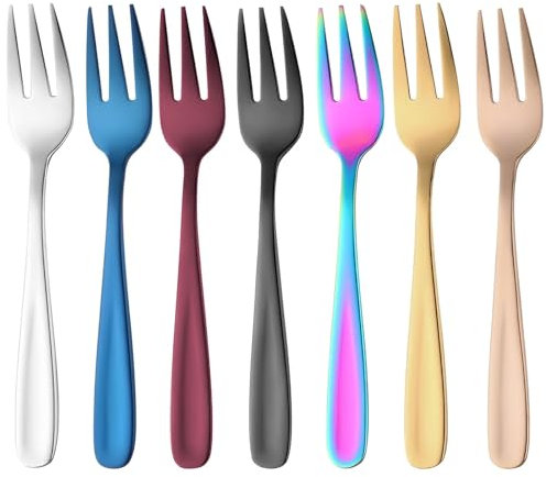 HTRTRR Kuchengabeln Set 7 stück, Edelstahl 18/10 Dessertgabeln, Bunte Mini Tortengabeln, Bunte Kuchengabeln für Snacks und Obst,für Zuhause, Büro, Geschäft, Hochzeitsfest Dessert