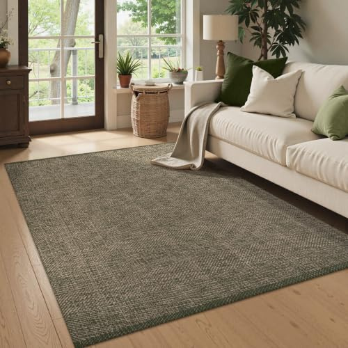 LEEVAN Waschbarer Teppich 4x6, Handgewebte Baumwolle Wohnzimmerteppich, Grün/Natürlich Geflochtene Schlafzimmer Teppich, Bauernhaus Innen/Außen Teppich für Patio, Kinderzimmer, Büro, Spielzimmer