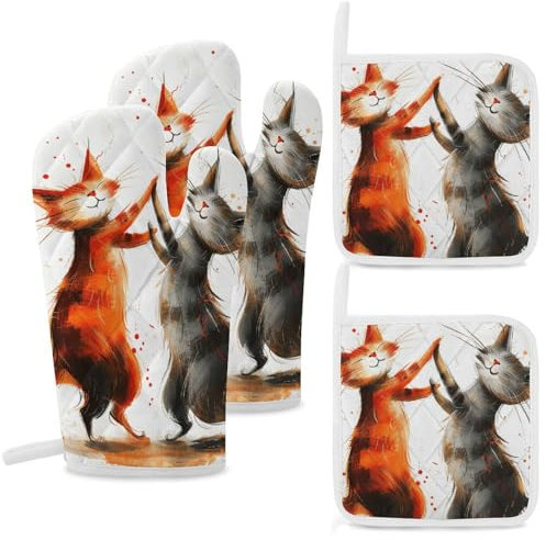 Set di 4 guanti da forno e presine con stampa di due gatti che ballano, resistenti al calore, guanti da forno extra lunghi e cuscinetti caldi, guanti da cucina antiscivolo, presine in poliestere per