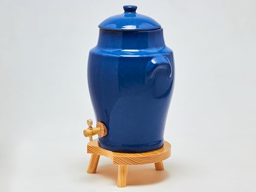 Ardosia Vinaigrier en Grès Bleu 4L Poterie Artisanale Support en Bois pour la Macération à la Maison