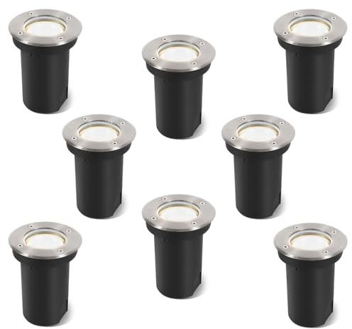 Vigevee 8er set Bodeneinbauleuchte für GU10, Bodeneinbaustrahler Aussen Led Runde, IP67-Wasserdicht Bodenstrahler, Drehbarer Bodenleuchten mit Lichtquelle, Neutralweiß 4000K, Silber Gebürstet