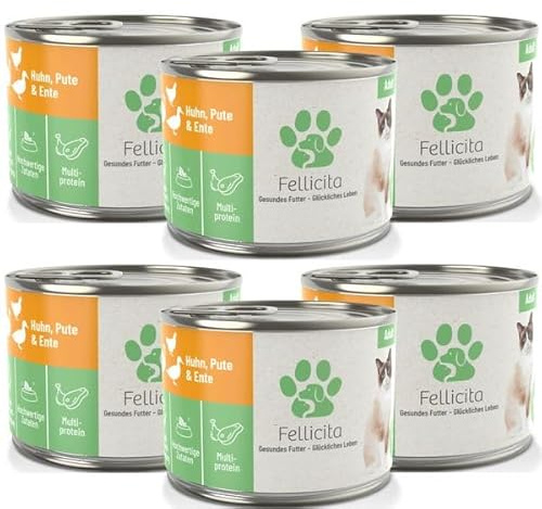 Fellicita Premium Nassfutter für Katzen, Huhn, Pute & Ente, 6 x 200g | 6er Pack, Multiprotein, hochwertiges Katzennassfutter, getreidefrei, leckere Pastete, Alleinfuttermittel