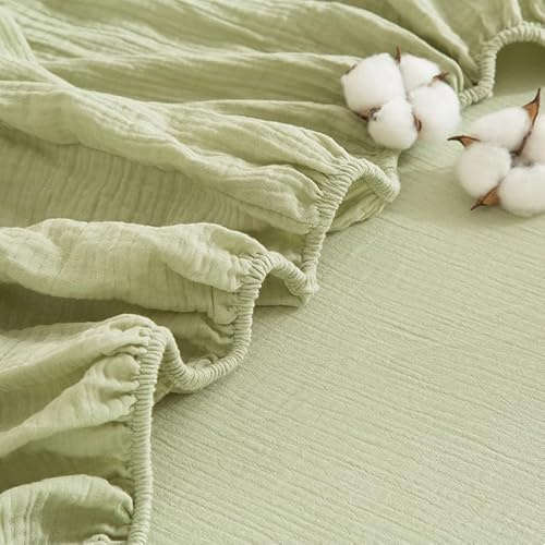 Gezu Doppelte Muslin Spannbettlaken 90x200cm Grün | Hautfreundlich Spannbetttuch Bettlaken für Matraze bis 30cm Boxspringbett Topper