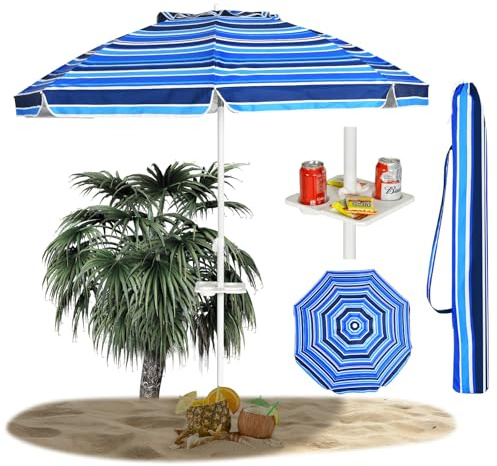 RELAX4LIFE Parasol de Plage Inclinable avec Mât Démontable et Pieds à Vrille, Parasol Inclinable à 8 Baleines Résistant en Fibre de Verre, Lucarne pour Jardin, Patio (Ø220 x H220cm, Bleu foncé)