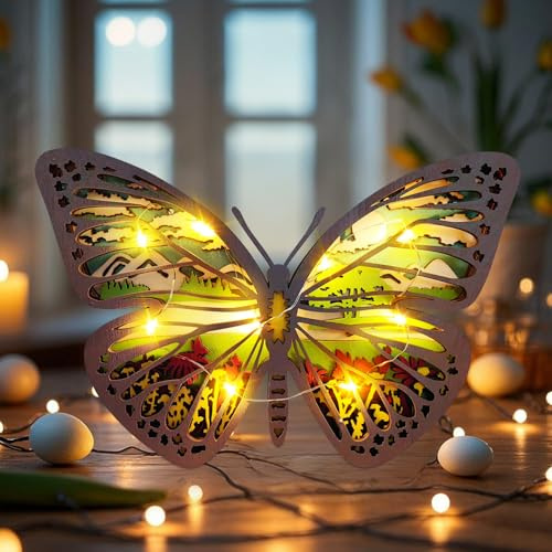 Osterdeko Holz Schmetterling Deko, 3D Ostern Deko Gradient Schmetterlinge, Osterdekoration Hohlem Holzschnitzerei mit LED Licht, Ostern Dekoration Holzdeko für Wohnzimmer Schlafzimmer (Holzfarbe)