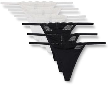 Amazon Essentials Damen G-String-Tanga, Unterwäsche für Frauen aus Pfirsichfarbener Mikrofaser mit Spitzenbesatz, 6er-Pack, Schwarz/Weiß, 40