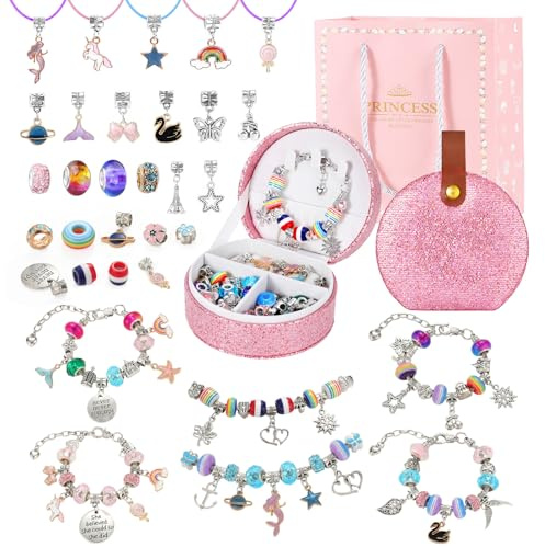 Emibele Charm Perlen Armband Bastelset Mit Tragbarer Schmuckbox, Bunt | Schmuck Bastelset Für Kinder Alter 5 6 7 8-12, DIY Handwerk Geschenke Für Mädchen, Geschenkideen Zu Geburtstag Weihnachten
