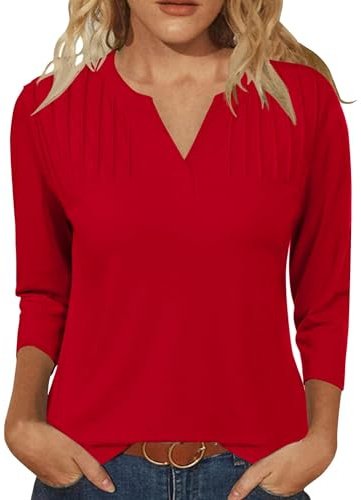 IECCP Women Blouses 3/4 Length Sleeve V Neck Summer Casual Tunic Tops Ladies Elegant Business Shirts Red M