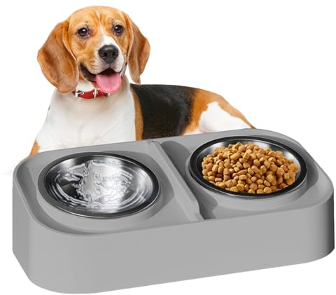 Cat Bowl, Water Bowl, Elevated Ceramic Tilted Stand with Spillproof Silicone Base, Dishwasher-Safe Design, Rust-Resistant Coating, Pet Feeder for Travel Apartment, 36x19.5x9.5cm
