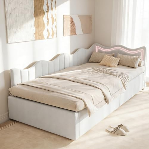 YNYHTER Stoppad barnsäng, 90 x 200 cm, med förvaringsutrymme, för flickor, LED-sängram, sängram med sänggavel, förvaringsutrymme, nallesammet, utan madrass, vit B, 90 x 200 cm