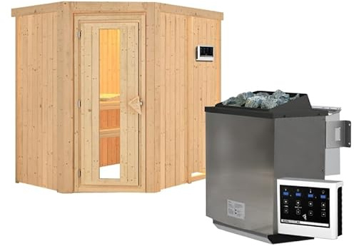 Karibu Sauna d'Angle Traditionnel Carin 4-5 Places | Bois Massif Épicéa 68mm, Poêle 9kW, Porte Isolée avec Fenêtre | 196x151cm, Ventilation Optimisée, Montage Miroir Possible