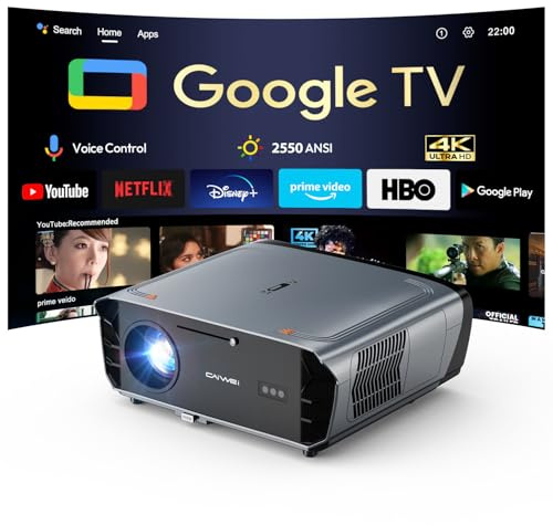 4K Beamer mit Google TV 2550 ANSI Lumen Tageslicht Beamer, ToF Autofokus, 70W Dolby Audio (2×35W), HDR10+, WiFi 6 Bluetooth, HDMI eARC, Smart Heimkino Projektor für Gaming & Outdoor