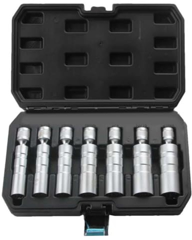 MonoSora 7 Piece Spark Plug Socket Set for Mechanics, 3/8 Inch Drive Steel Wrench Kit with Sizes 14mm/16mm/18mm/21mm/9/16/13/16/3/4, Silver Black, Portable Storage Box